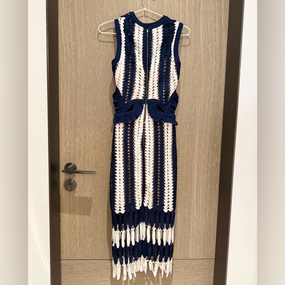 Self-Portrait Navy and White Crochet Fringe Maxi Dress - Picture 3 of 11